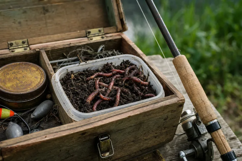 Fishing bait with earthworms in a small container