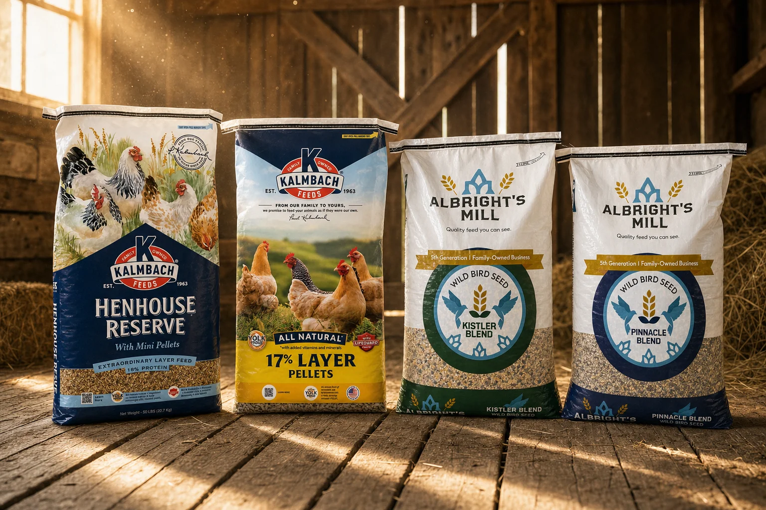 Kalmbach Feeds Henhouse Reserve and 17% Layer Pellets bags alongside Albright's Mill Kistler Blend and Pinnacle Blend wild bird seed bags in the barn