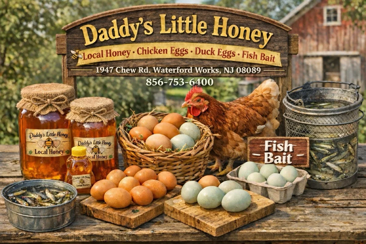 Daddy's Little Honey farm stand with honey jars, fresh eggs, fish bait, and a live hen