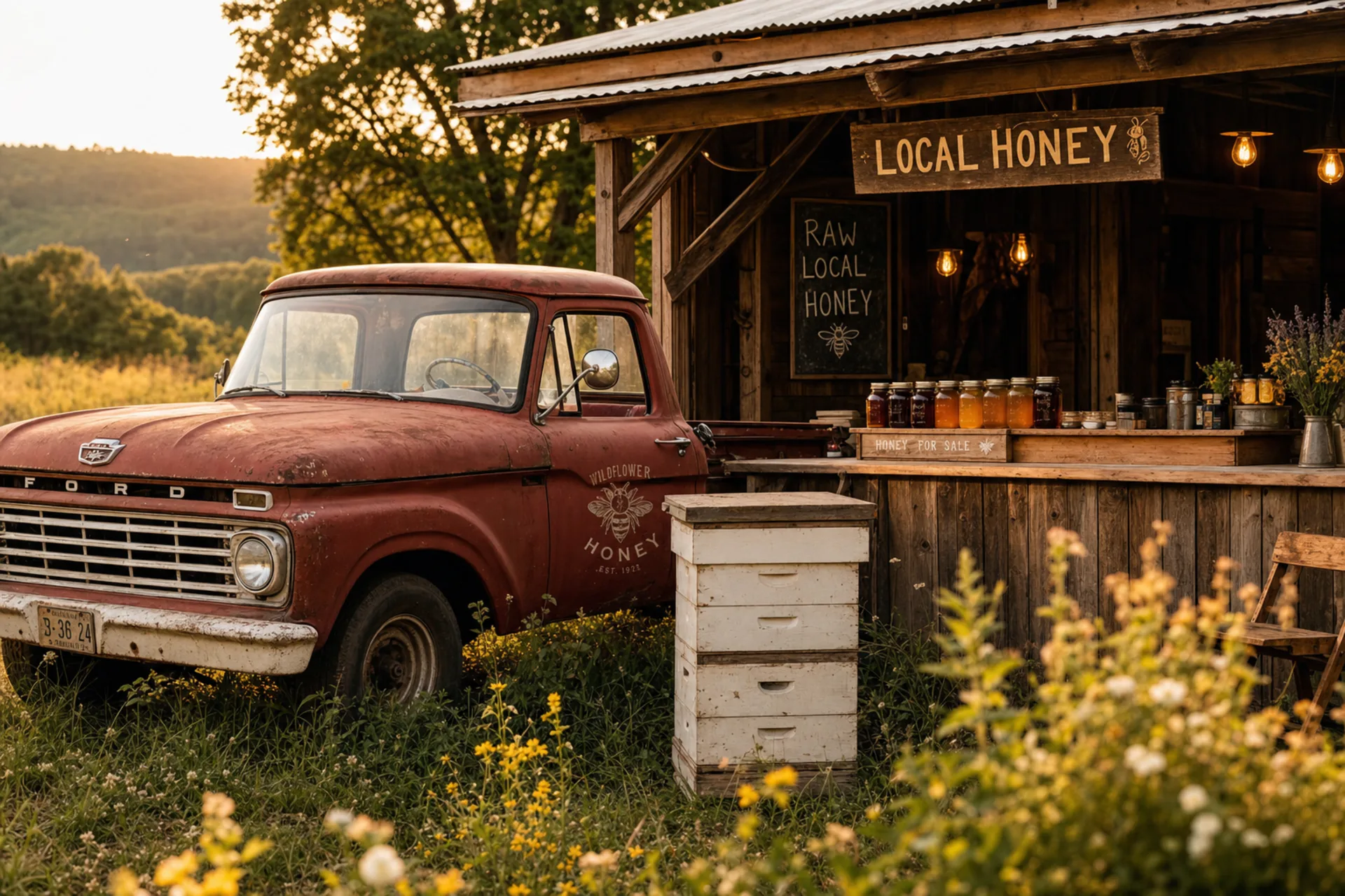 Old red Ford pickup truck parked by a rustic farm stand with beehive boxes and weathered wood bar at golden hour