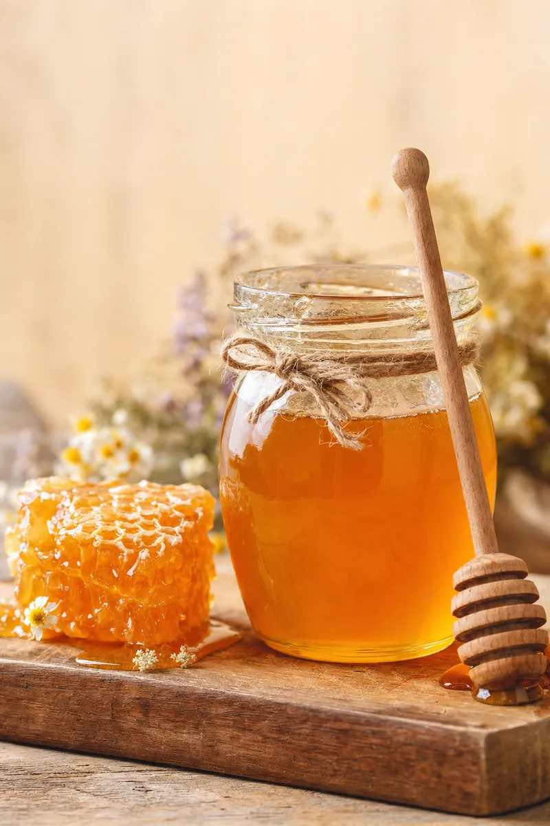 Glass jar of golden local honey with a wooden dipper