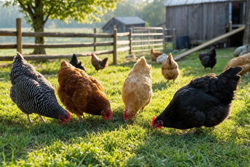 Free-range chickens in a grassy farmyard